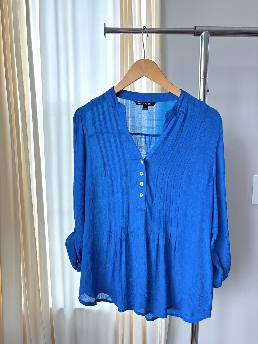 Zac Rachel Blouse Large Blue Lightweight Peasant Top Beachy Preppy Coastal Chic